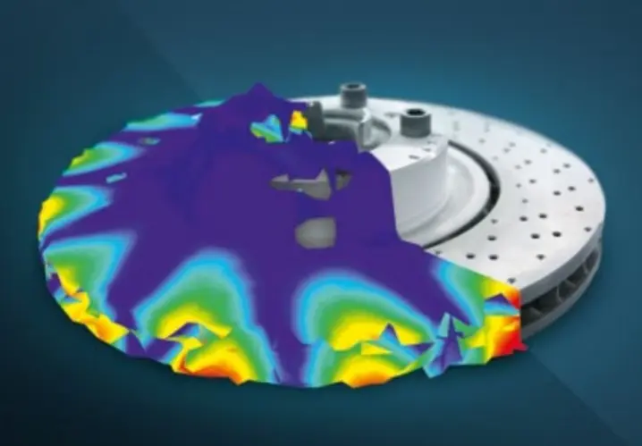 Vibration measurement results of a disc brake system visualized as a vibration form, used in design improvement for eliminating brake squeal and unwanted noise