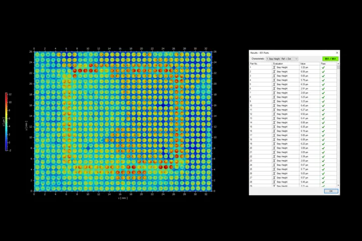 Fast and efficient pass-fail analysis, evaluating step-height, flatness and other form parameters on a BGA (ball grid array)